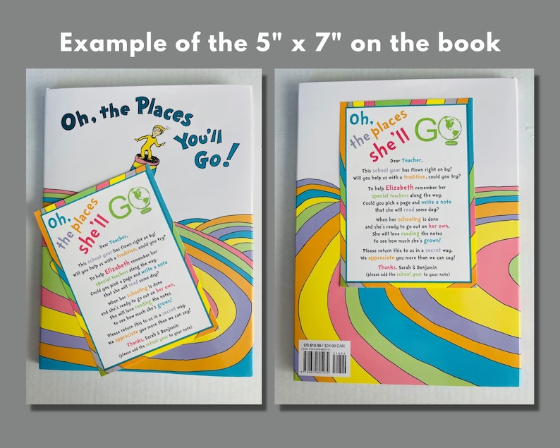 Pode incluir: Um livro colorido intitulado "Oh, os lugares para onde voc&ecirc; ir&aacute;!" de Dr. Seuss. O livro mede 12,7 cm por 17,8 cm e apresenta um design brilhante e caprichoso com um caminho de arco-&iacute;ris e um globo terrestre verde. Um cart&atilde;o menor com o mesmo t&iacute;tulo e uma nota para o professor est&aacute; anexado ao livro.