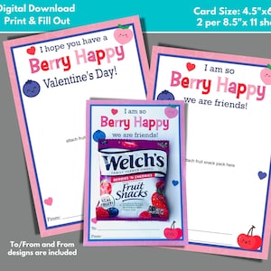 Valentinstag Obst-Snack-Karte zum Herunterladen und Drucken im Klassenzimmer Valentinstag Ideen Beere Glücklich, dass du mein Freund bist Karte Nicht bearbeitbar