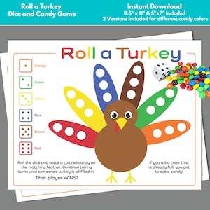 Rollen Sie einen Truthahn Thanksgiving-Spiel-Download, Thanksgiving-Würfel- und Süßigkeitsspiel, Truthahn-Süßigkeitsspiel für Kindertisch, Thanksgiving-Aktivität zum Ausdrucken