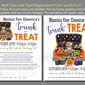 May include: A printable sign for a Trunk or Treat event at Mountain View Elementary School. The sign features a cartoon car decorated for Halloween with candy, pumpkins, and ghosts. The event is scheduled for 28th October from 6:00pm to 9:00pm in the school car park.