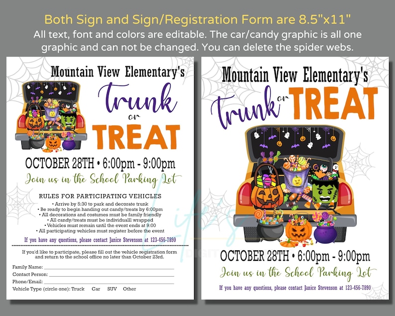 May include: A printable sign for a Trunk or Treat event at Mountain View Elementary School. The sign features a cartoon car decorated for Halloween with candy, pumpkins, and ghosts. The event is scheduled for 28th October from 6:00pm to 9:00pm in the school car park.