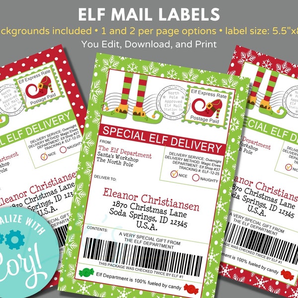 Elf Mail Shipping Labels to Edit Instantly in Corjl, Download and Print, Elf Arrival Package Label, North Pole Sticker Gift Tag, Elf Label