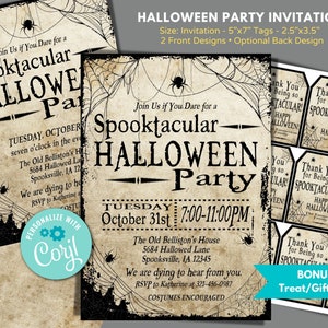 Vintage Halloween Invitation to Instantly Edit in Corjl, Download and Print, Gothic Adult Halloween Party Invitation, Spooktacular Gift Tag