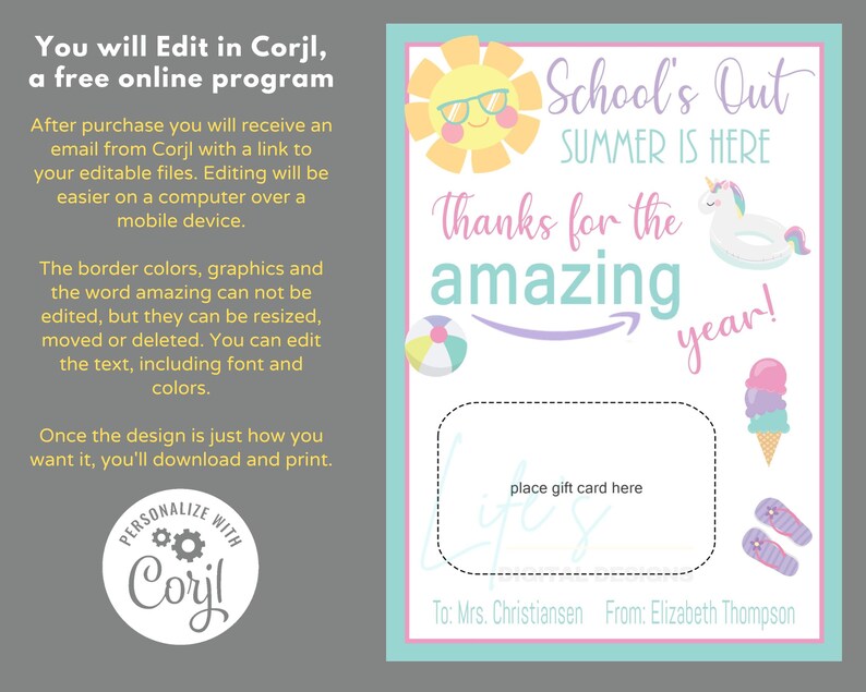 Teacher Appreciation End of School Year Amazon Gift Card Holder Edit ...