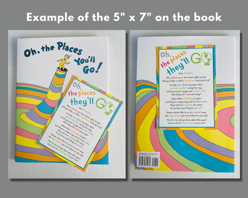 Pode incluir: Um livro colorido intitulado "Oh, the Places You'll Go!" de Dr. Seuss. O livro mede 5 polegadas por 7 polegadas. A capa apresenta uma ilustra&ccedil;&atilde;o colorida de um personagem em p&eacute; em uma estrutura alta e listrada.