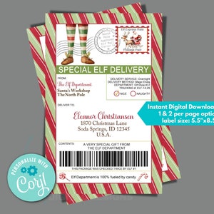 Etiqueta de envío de correo de Elf para editar instantáneamente en Corjl, descargar e imprimir, etiqueta de paquete de llegada de Elf, etiqueta de llegada de correo de Elf, etiqueta de caja de Elf