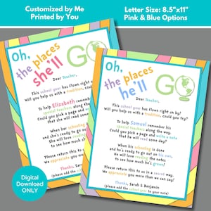 Oh, los lugares a los que irás Carta de instrucciones para profesores Libro de firmas Regalo de fin de año para jardín de infantes Personalizado Descargar para imprimir 8,5" x 11"