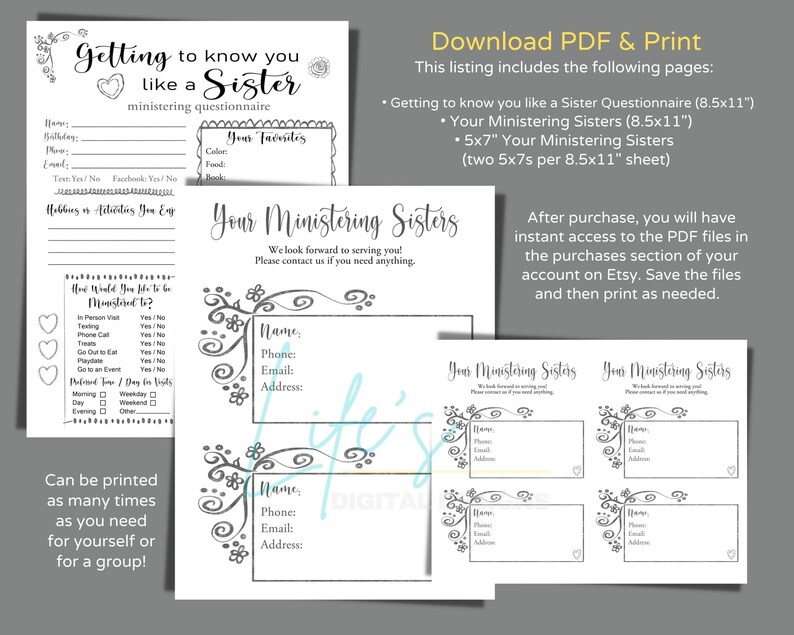 May include: Printable PDF download for a "Getting to Know You Like a Sister" questionnaire and contact cards for "Your Ministering Sisters". The questionnaire includes questions about hobbies, favorite things, and preferred time for visits. The contact cards have space for name, phone, email, and address.