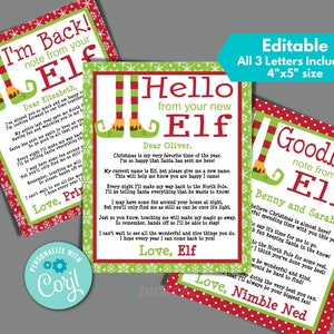 Carta de duende navideño para el nuevo elfo, "He vuelto" y "Adiós" para editar al instante en Corjl, descargar e imprimir, carta de duende editable, tamaño de 4" x 5"