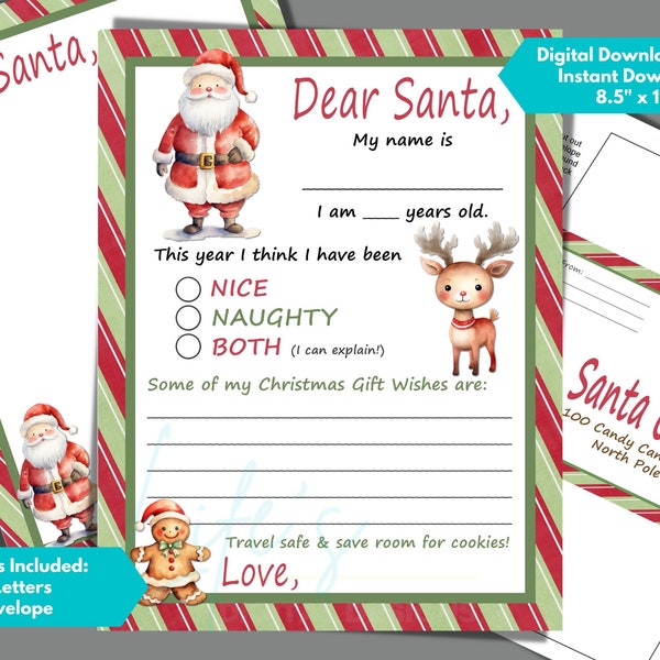Letter to Santa with Matching Envelope to Download and Print, Blank Letter to Santa, Kids Letter to Santa, Kids Wishlist to Santa Claus