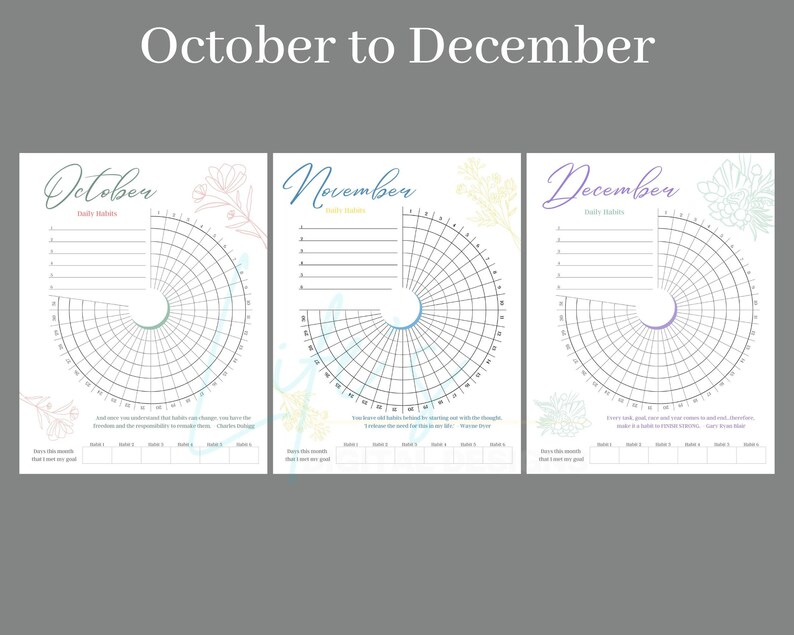 Pu&ograve; includere: Tre pagine stampabili di tracciamento delle abitudini per ottobre, novembre e dicembre. Ogni pagina presenta una griglia circolare con un design floreale e spazio per scrivere le abitudini quotidiane.