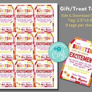 Bursting with Excitement Back to School Tag Template to Instantly Edit in Corjl, Download and Print, Back to School Tag, Student Treat Tag