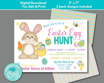 Puede incluir: Invitación imprimible para una búsqueda de huevos de Pascua con un conejito de dibujos animados que sostiene una zanahoria y una cesta de huevos. La invitación incluye la fecha, la hora, la ubicación y los horarios de búsqueda de huevos específicos para cada edad. El texto dice "Por favor, únase a nosotros para una búsqueda de huevos de Pascua".