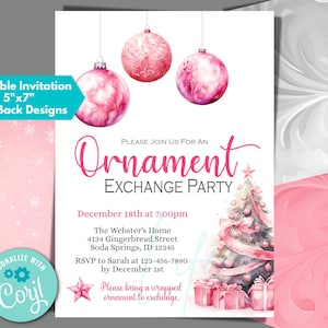 Ornament Exchange Invitation to Instantly Edit in Corjl, Download and Print, Christmas Ornament Exchange Party, Pink Ornament Invitation