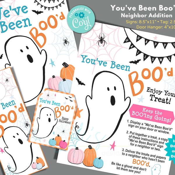 You've Been Boo'd Signs and Tag to Edit in Corjl, Download and Print, You've Been Booed Neighbor Gifts for Halloween, Ghost Treat Tags