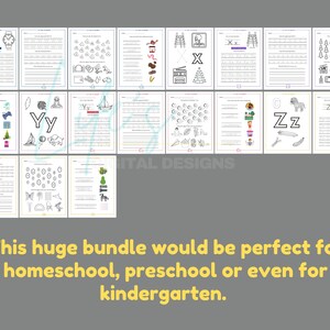 May include: A set of 26 alphabet worksheets for preschoolers. Each worksheet features a letter of the alphabet, a picture of an object that starts with that letter, and a space for the child to trace the letter. The worksheets are black and white and have a simple design.