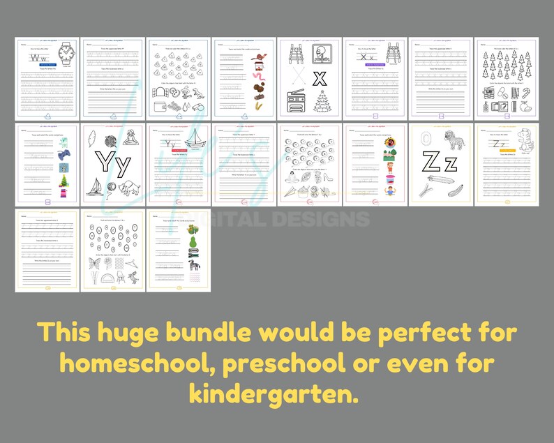 May include: A set of 26 alphabet worksheets for preschoolers. Each worksheet features a letter of the alphabet, a picture of an object that starts with that letter, and a space for the child to trace the letter. The worksheets are black and white and have a simple design.