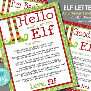 Carta de duende navideño para el nuevo elfo, "He vuelto" y "Adiós", para editar al instante en Corjl, descargar e imprimir, carta de duende editable, tamaño de 8,5" x 11"