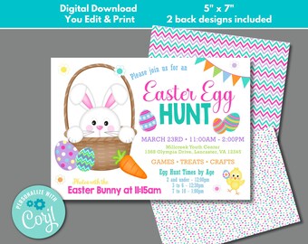 May include: Printable 5x7 inch invitation for an Easter egg hunt. The invitation features a cartoon bunny rabbit peeking out of a basket with colorful eggs. The text reads "Please join us for an Easter Egg Hunt" with the date, time, and location of the event. The invitation also includes information about games, treats, crafts, and egg hunt times by age.
