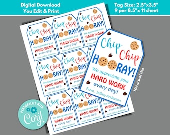 Teacher Appreciation Chip Chip Hooray Gift Tags to Edit in Corjl, Download and Print Employee Appreciation Nurse Appreciation Gift PTA Gifts