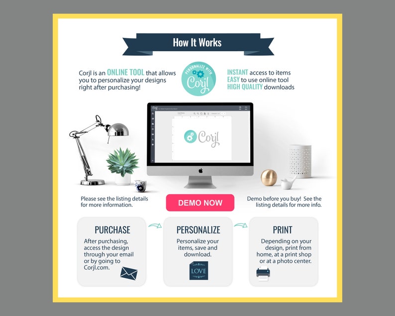 Pode incluir: Uma ilustra&ccedil;&atilde;o gr&aacute;fica que mostra como usar Corjl, uma ferramenta online para personalizar e imprimir designs. A ilustra&ccedil;&atilde;o mostra uma tela de computador com o logotipo Corjl, um bot&atilde;o de compra, um bot&atilde;o de personaliza&ccedil;&atilde;o e um bot&atilde;o de impress&atilde;o. O texto "Corjl &eacute; uma FERRAMENTA ONLINE que permite personalizar seus designs logo ap&oacute;s a compra!" tamb&eacute;m est&aacute; inclu&iacute;do.