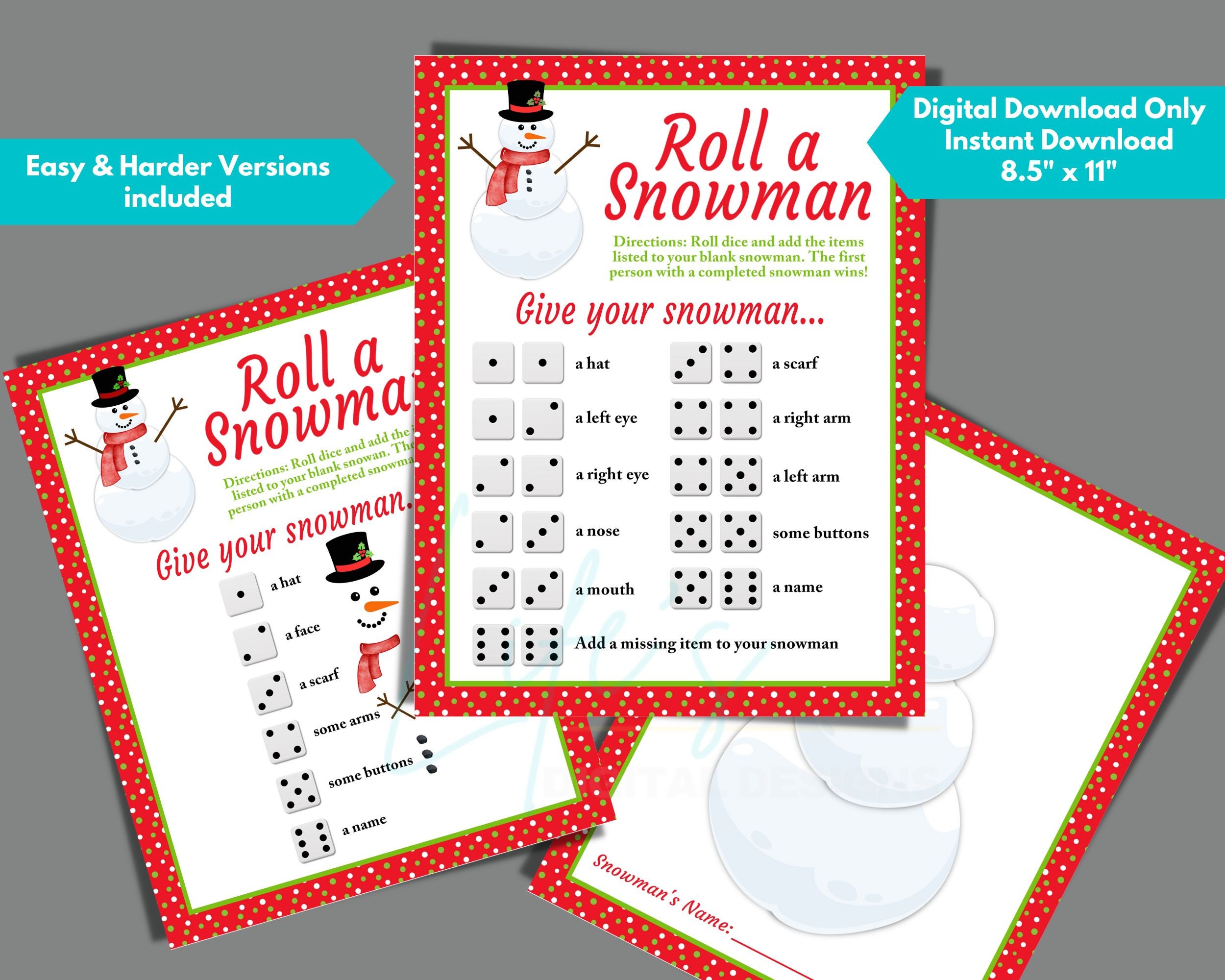 Christmas Party Game to Download, Roll a Snowman Christmas Party Games for Kids and Adults, Printable Christmas Game, Holiday Classroom Game