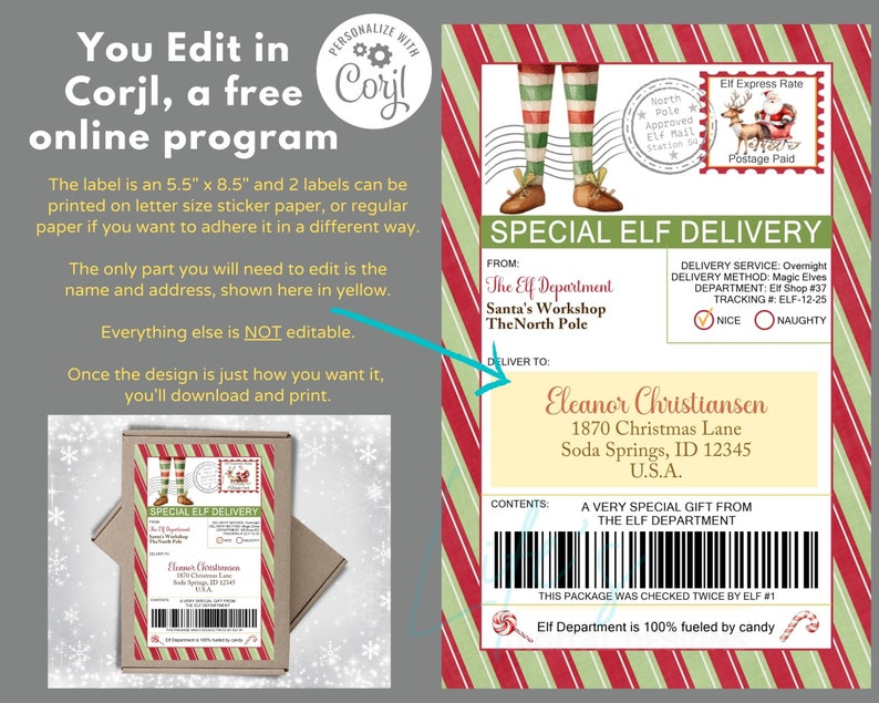 Elf Address Elf Mail Shipping Labels to Edit Instantly in Corjl, Download and Print ...