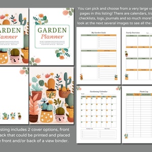 Pode incluir: Um planejador de jardim imprim&iacute;vel com uma capa colorida com plantas em vasos e cactos. O planejador inclui p&aacute;ginas para objetivos de jardinagem, uma vis&atilde;o geral anual, um calend&aacute;rio de jardinagem e um registro de plantas.