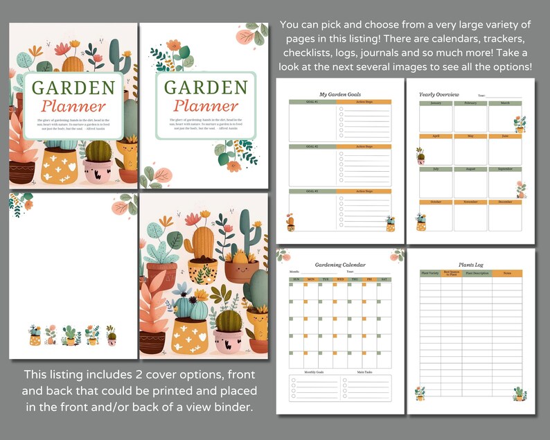 Pode incluir: Um planejador de jardim imprim&iacute;vel com uma capa colorida com plantas em vasos e cactos. O planejador inclui p&aacute;ginas para objetivos de jardinagem, uma vis&atilde;o geral anual, um calend&aacute;rio de jardinagem e um registro de plantas.