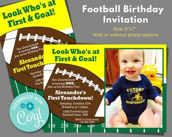 Football First Birthday Party Invitation to Instantly Edit in Corjl, Download & Print, Photo Football Invitation, Yellow Football Invites #c