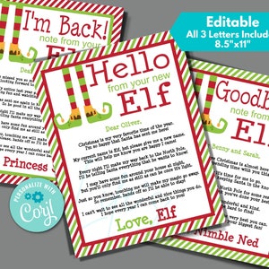 Carta de duende navideño para el nuevo elfo, "He vuelto" y "Adiós", para editar al instante en Corjl, descargar e imprimir, carta de duende editable, tamaño de 8,5" x 11"