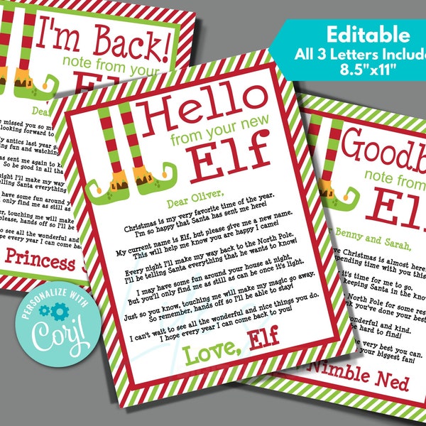 Christmas Elf Letter for New Elf, I'm Back, and Goodbye to Edit Instantly in Corjl, Download and Print, Editable Elf Letter, 8.5"x11" Size