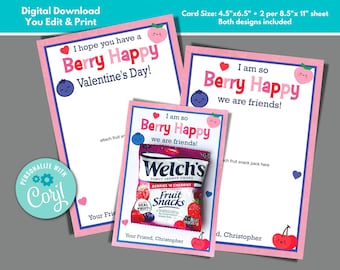 Valentine's Day Fruit Snack Card to Edit Download and Print Berry Happy You Are My Friend Kids Classroom Valentine's Exchange Ideas