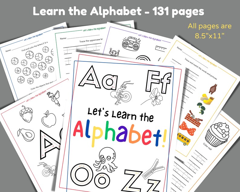 May include: A set of 131 printable alphabet worksheets for kids. Each page features a different letter of the alphabet with dotted lines for tracing and coloring activities. The pages are 8.5 inches by 11 inches.