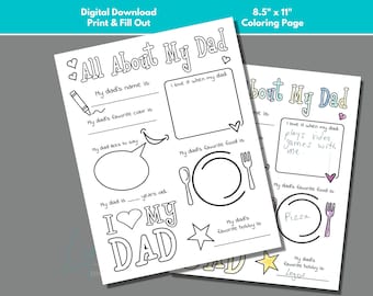 All About My Dad Coloring Page to Download and Print, Father's Day or Dad's Birthday Fill in the Blank Questions, Father's Day Printable