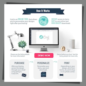 May include: A graphic illustrating how to use Corjl, an online tool for personalising designs. The graphic depicts a computer screen displaying the Corjl logo, a lamp, a succulent plant, and a white bird figurine. The graphic also outlines three steps: Purchase, Personalise, and Print.