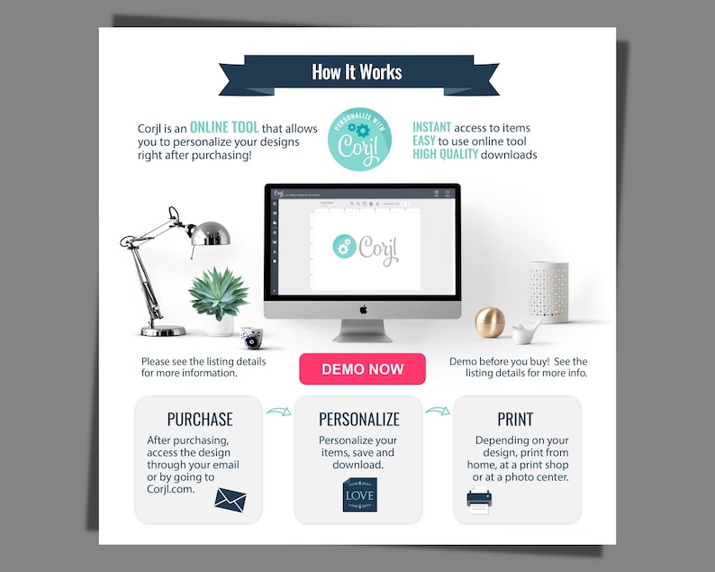 May include: A graphic illustrating how to use Corjl, an online tool for personalising designs. The graphic depicts a computer screen displaying the Corjl logo, a lamp, a succulent plant, and a white bird figurine. The graphic also outlines three steps: Purchase, Personalise, and Print.