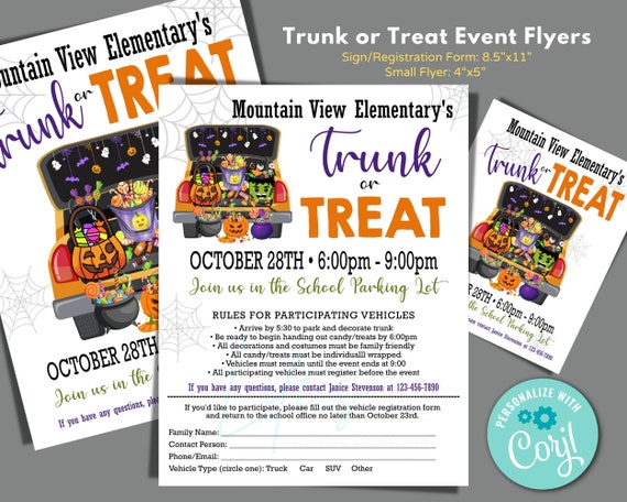 Trunk or Treat Sign Up Form to Edit in Corjl, Download and Print, Trunk or Treat Flyer, School Halloween Trunk or Treat Flyer, Editable Form
