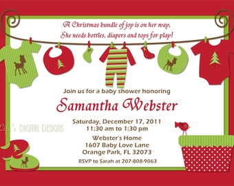 Christmas Baby Shower Invitations Baby Clothes on Clothesline Customizable Printable