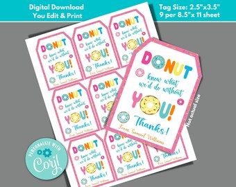 Teacher Appreciation Gift Tags for Donuts to Edit in Corjl, Download and Print Nurse Appreciation Donut Know What We'd Do Without You Tag