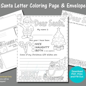 Carta a Papá Noel para colorear, página con sobre a juego para descargar e imprimir, carta a Papá Noel para colorear, página para colorear de Navidad para Papá Noel