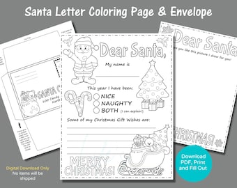 Letter to Santa Coloring Page with Matching Envelope to Download and Print, Dear Santa Letter to Color, Christmas Coloring Page for Santa