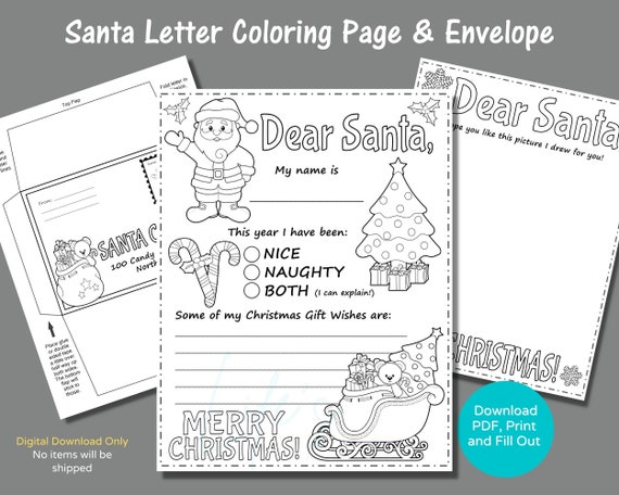 Letter to Santa Coloring Page with Matching Envelope to Download and Print, Dear Santa Letter to Color, Christmas Coloring Page for Santa