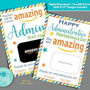 Tarjetero de regalo de Amazon para el Día de los Profesionales Administrativos para editar, descargar e imprimir, obsequio de agradecimiento a los empleados, increíble profesional administrativo