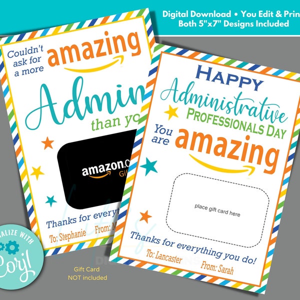 Administrative Professionals Day Amazon Gift Card Holder to Edit, Download and Print, Employee Appreciation Gift, Amazing Admin Professional