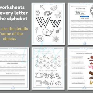 May include: Five black and white printable worksheets for learning the letter W. The worksheets include tracing the uppercase and lowercase letter W, writing the letter W, finding objects that start with the letter W, and matching words and pictures that start with the letter W.