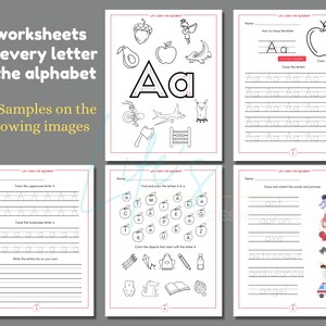 May include: Five black and white worksheets for learning the letter A. The worksheets include tracing the uppercase and lowercase letter A, finding and coloring the letter A, tracing and matching words and pictures that start with the letter A, and writing the letter A on your own.