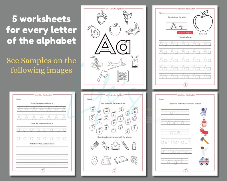 May include: Five black and white worksheets for learning the letter A. The worksheets include tracing the uppercase and lowercase letter A, finding and coloring the letter A, tracing and matching words and pictures that start with the letter A, and writing the letter A on your own.