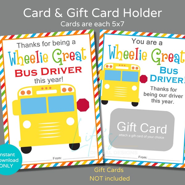 Bus Driver Gift Card Holder and Gift Card to Download and Print, Wheelie Great Bus Driver, Thanks for Being Our Driver this Year