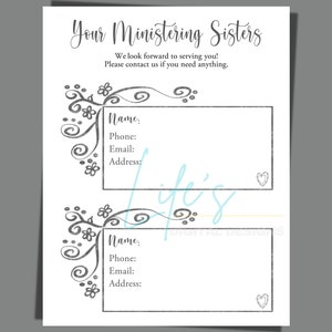 May include: A printable sheet with a decorative floral border and two contact cards. The text reads "Your Ministering Sisters" and "We look forward to serving you! Please contact us if you need anything."
